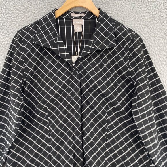 Chicos Top Womens 0.5 US Small Black No Iron Sateen Wing Collar Windowpane NWT - Picture 2 of 10